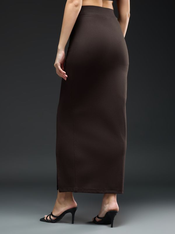 Globus Women Coffee Brown Solid Mid-Rise Front Slit Maxi Workwear Pencil Skirt