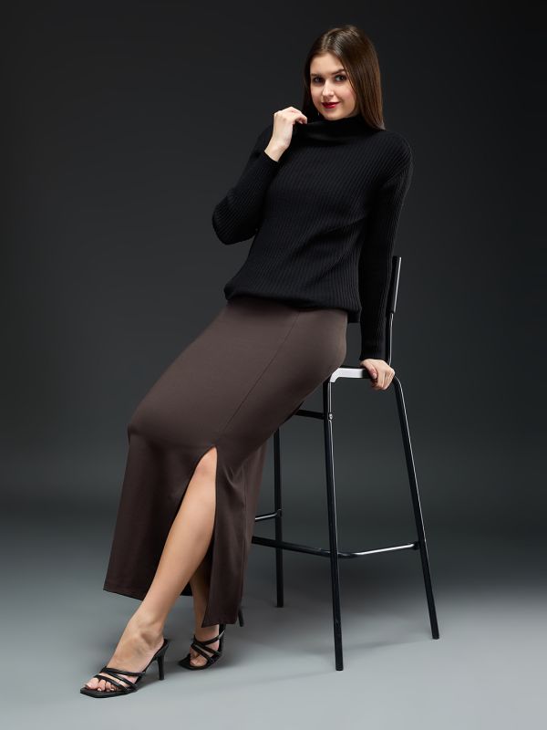 Globus Women Coffee Brown Solid Mid-Rise Front Slit Maxi Workwear Pencil Skirt