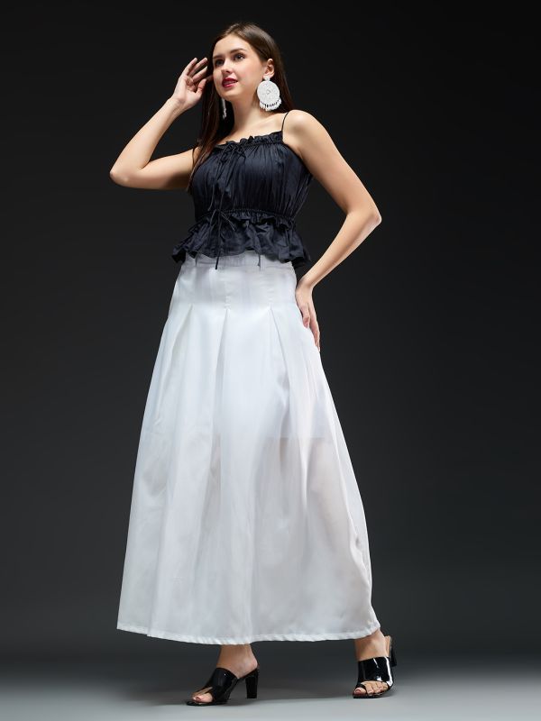 Globus Women White Solid High-rise Stretchable Pleated Flared Maxi Party Skirt