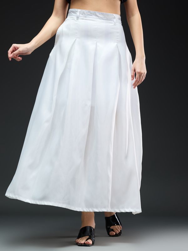 Globus Women White Solid High-rise Stretchable Pleated Flared Maxi Party Skirt