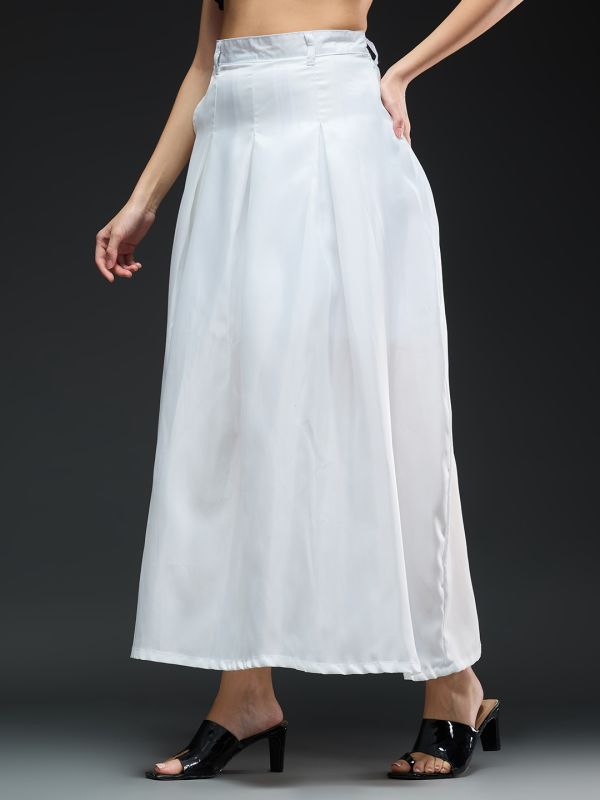 Globus Women White Solid High-rise Stretchable Pleated Flared Maxi Party Skirt