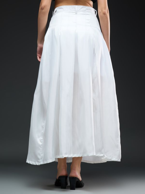 Globus Women White Solid High-rise Stretchable Pleated Flared Maxi Party Skirt