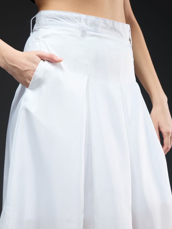 Globus Women White Solid High-rise Stretchable Pleated Flared Maxi Party Skirt