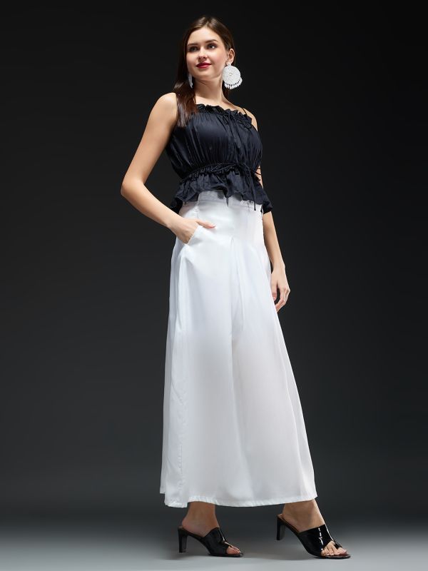 Globus Women White Solid High-rise Stretchable Pleated Flared Maxi Party Skirt