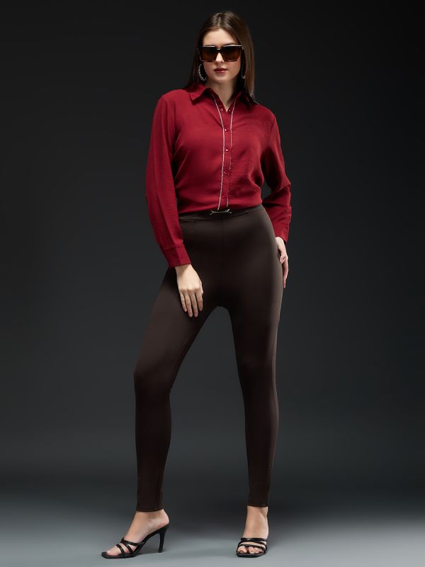 Globus Women Chocolate Solid Metal Buckle Detail Mid-Rise Stretchable Skinny Fit Workwear Treggings