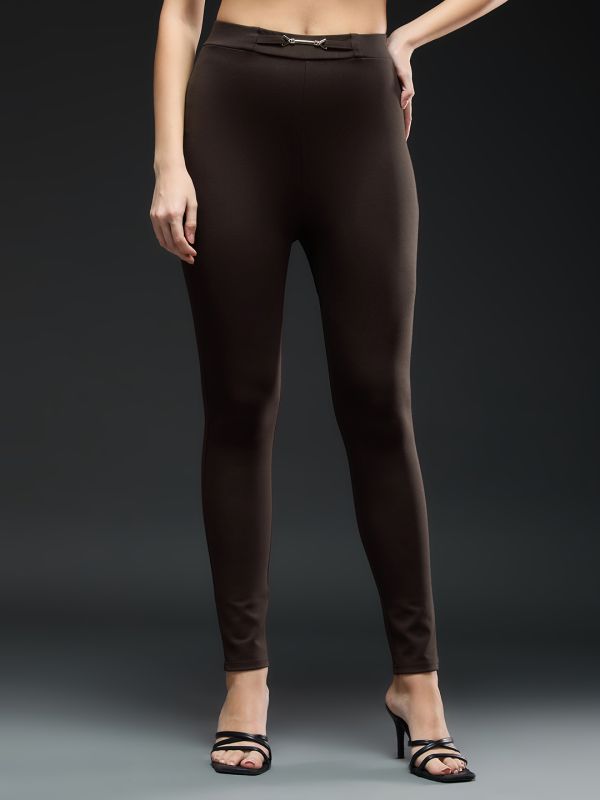Globus Women Chocolate Solid Metal Buckle Detail Mid-Rise Stretchable Skinny Fit Workwear Treggings