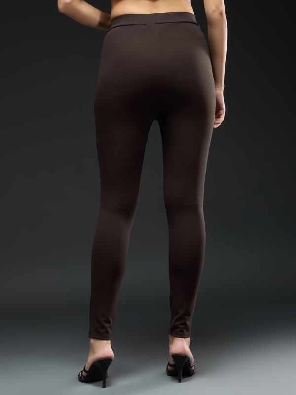 Globus Women Chocolate Solid Metal Buckle Detail Mid-Rise Stretchable Skinny Fit Workwear Treggings