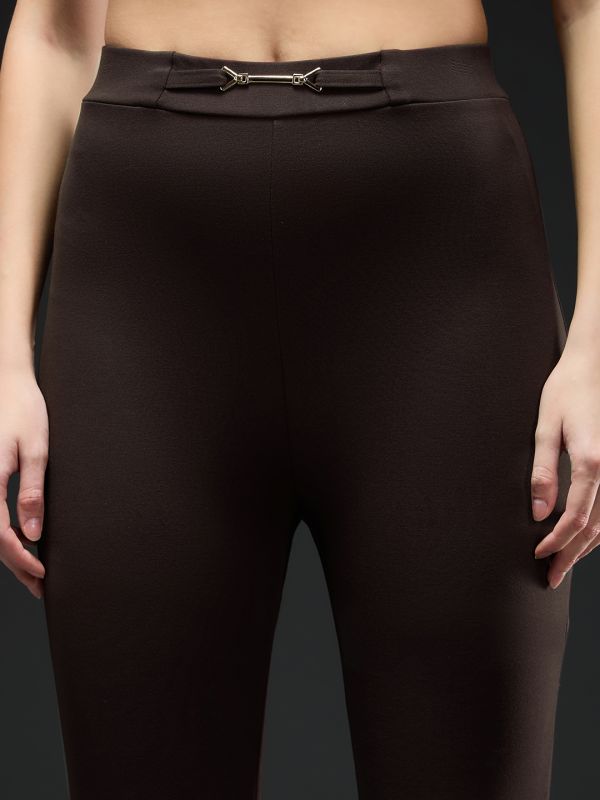 Globus Women Chocolate Solid Metal Buckle Detail Mid-Rise Stretchable Skinny Fit Workwear Treggings