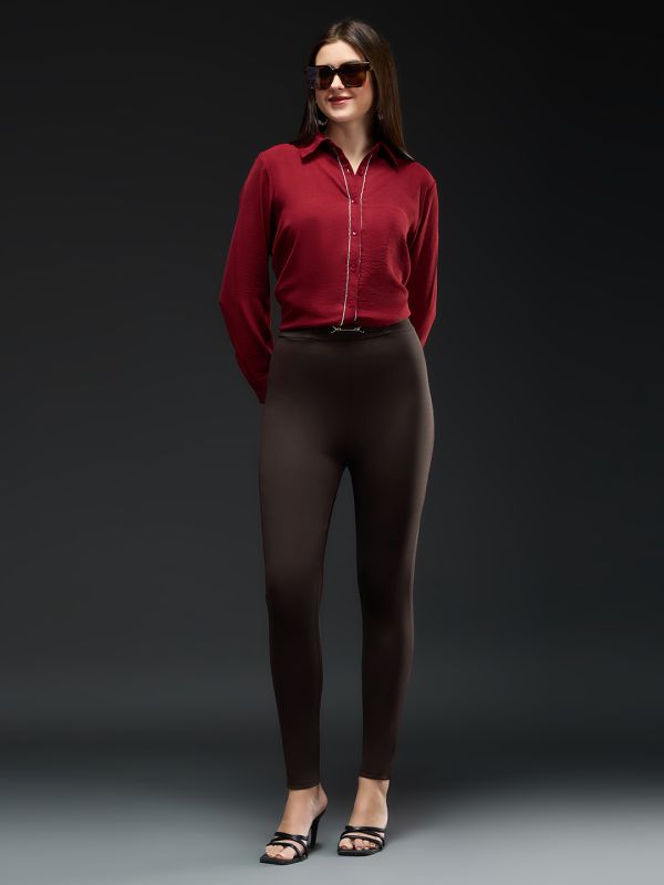 Globus Women Chocolate Solid Metal Buckle Detail Mid-Rise Stretchable Skinny Fit Workwear Treggings