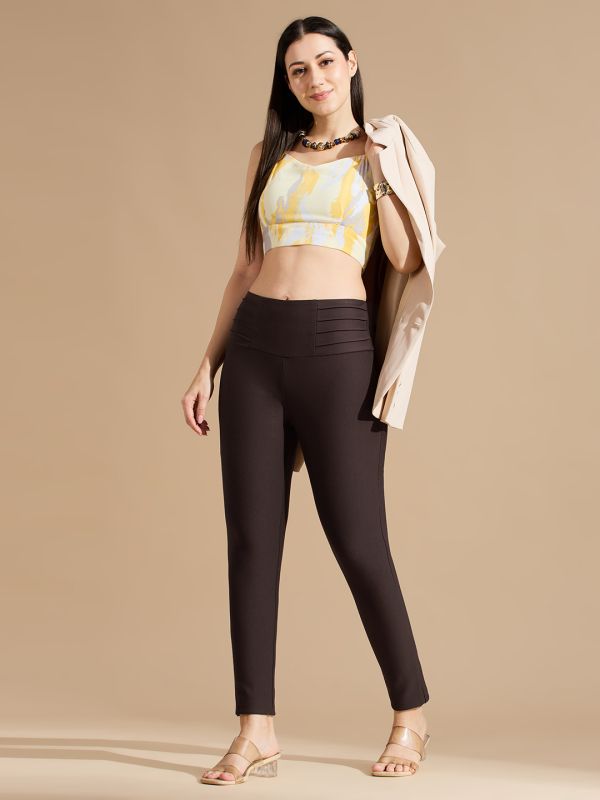 Globus Women Coffee Brown Stretchable Mid Waist Skinny Fit Workwear Treggings