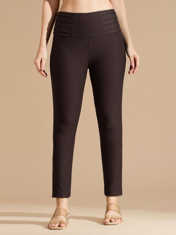 Globus Women Coffee Brown Stretchable Mid Waist Skinny Fit Workwear Treggings