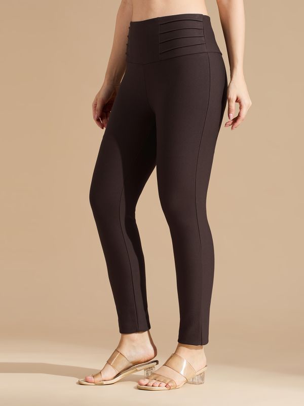 Globus Women Coffee Brown Stretchable Mid Waist Skinny Fit Workwear Treggings
