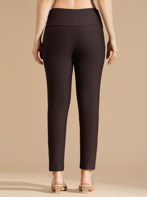 Globus Women Coffee Brown Stretchable Mid Waist Skinny Fit Workwear Treggings