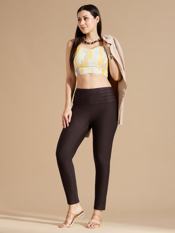 Globus Women Coffee Brown Stretchable Mid Waist Skinny Fit Workwear Treggings