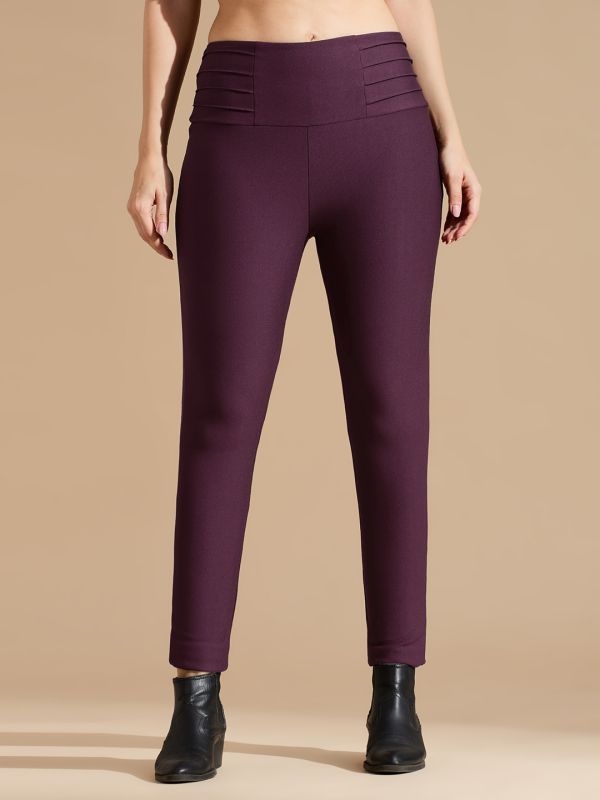 Globus Women Burgundy Stretchable Mid Waist Skinny Fit Workwear Treggings