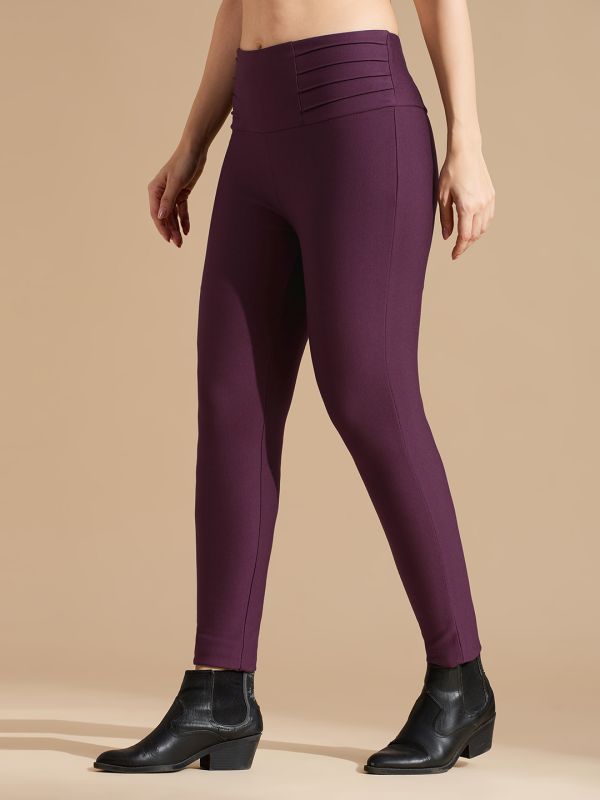 Globus Women Burgundy Stretchable Mid Waist Skinny Fit Workwear Treggings