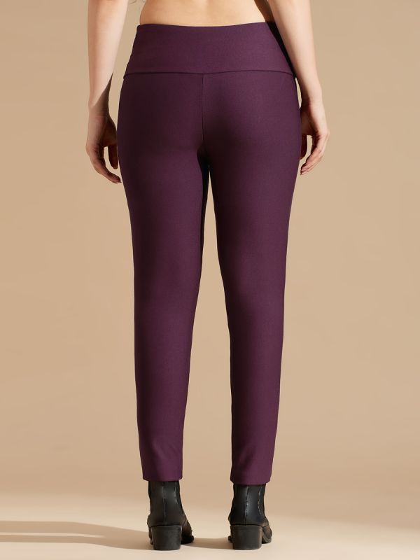 Globus Women Burgundy Stretchable Mid Waist Skinny Fit Workwear Treggings