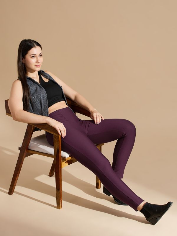 Globus Women Burgundy Stretchable Mid Waist Skinny Fit Workwear Treggings