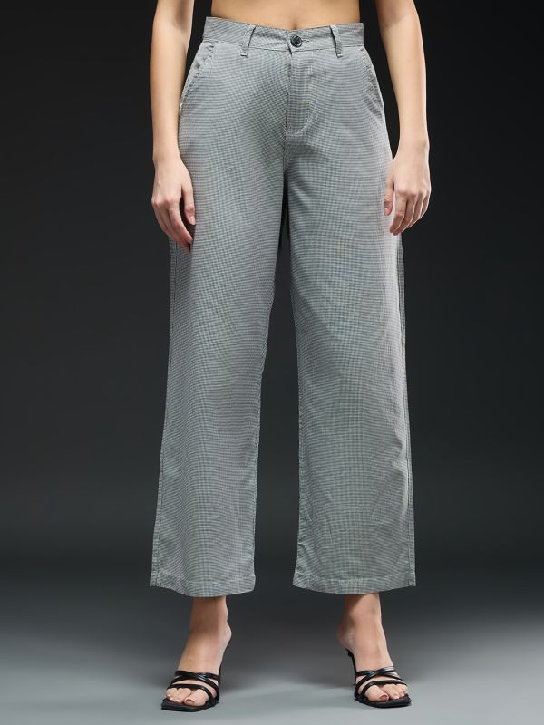 Globus Women Gingham Checks Mid-Rise Straight Fit Cropped Workwear Trousers