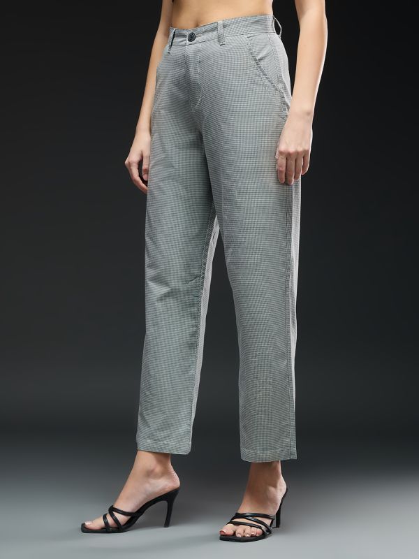 Globus Women Gingham Checks Mid-Rise Straight Fit Cropped Workwear Trousers