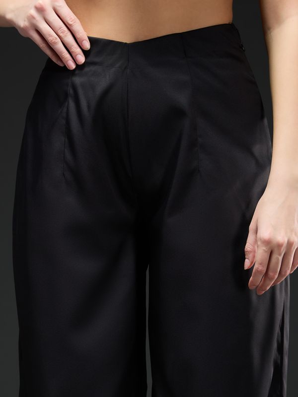 Globus Women Black Satin Mid-Rise Loose Fit Solid Party Wear Trousers