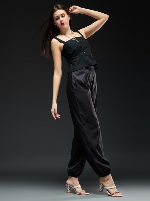 Globus Women Black Satin Mid-Rise Loose Fit Solid Party Wear Trousers