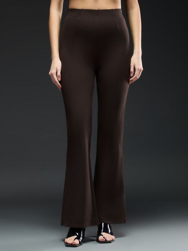 Globus Women Chocolate Mid-Rise Stretchable Bootcut Workwear Trousers