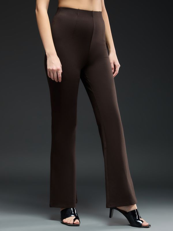 Globus Women Chocolate Mid-Rise Stretchable Bootcut Workwear Trousers