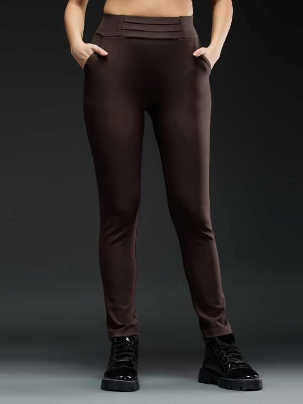 Globus Women Coffee Brown Mid-Rise Stretchable Pintuck Detail Tapered Fit Workwear Trousers