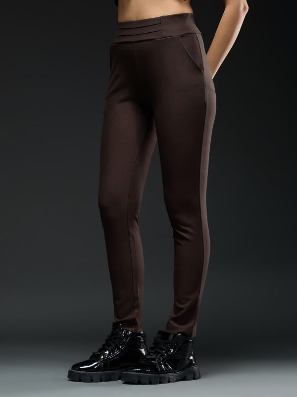 Globus Women Coffee Brown Mid-Rise Stretchable Pintuck Detail Tapered Fit Workwear Trousers