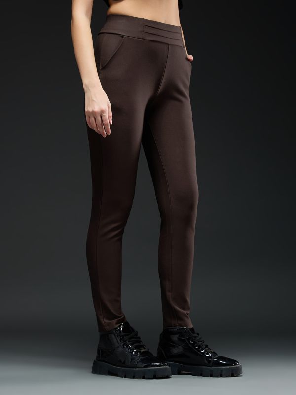 Globus Women Coffee Brown Mid-Rise Stretchable Pintuck Detail Tapered Fit Workwear Trousers