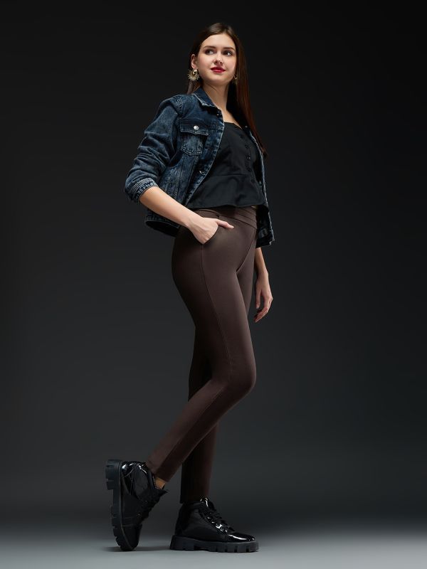 Globus Women Coffee Brown Mid-Rise Stretchable Pintuck Detail Tapered Fit Workwear Trousers