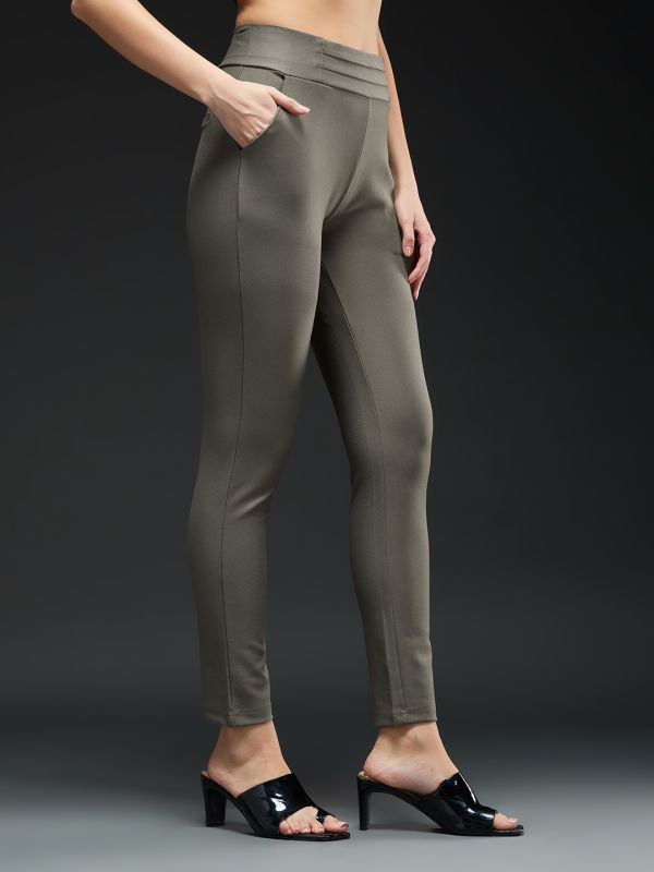 Globus Women Taupe Mid-Rise Stretchable Pintuck Detail Tapered Fit Workwear Trousers