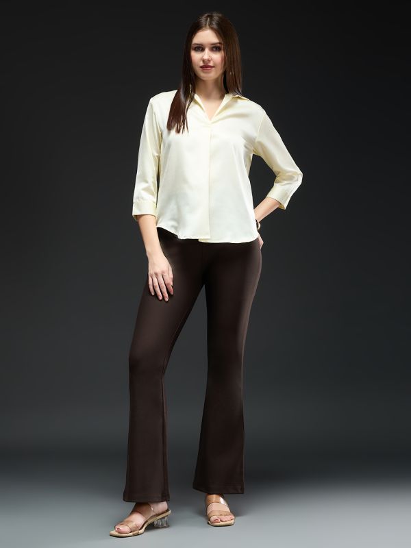 Globus Women Coffee Brown Mid-Rise Stretchable Flared Workwear Trousers