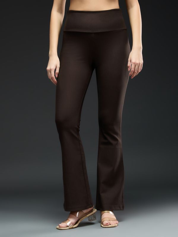 Globus Women Coffee Brown Mid-Rise Stretchable Flared Workwear Trousers