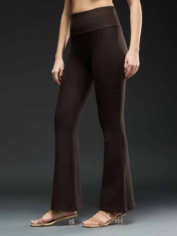 Globus Women Coffee Brown Mid-Rise Stretchable Flared Workwear Trousers