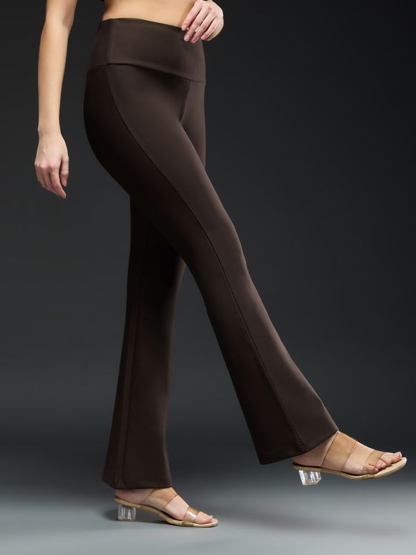 Globus Women Coffee Brown Mid-Rise Stretchable Flared Workwear Trousers