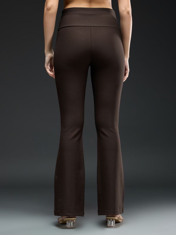 Globus Women Coffee Brown Mid-Rise Stretchable Flared Workwear Trousers