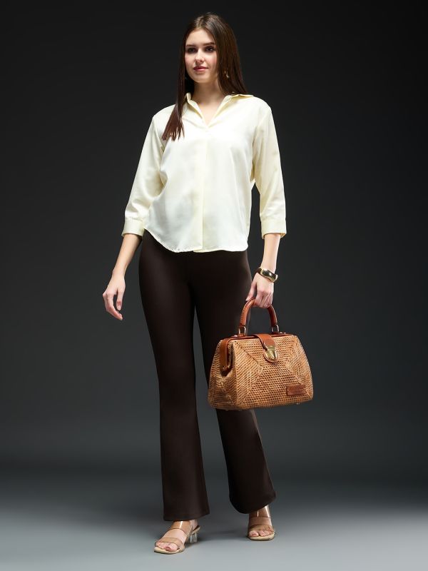 Globus Women Coffee Brown Mid-Rise Stretchable Flared Workwear Trousers