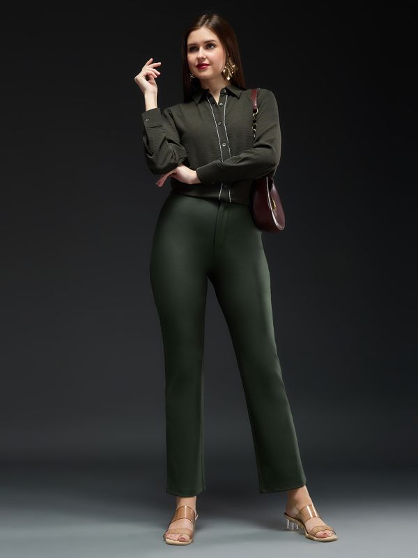 Globus Women Olive Mid-Rise Straight Fit Workwear Trousers