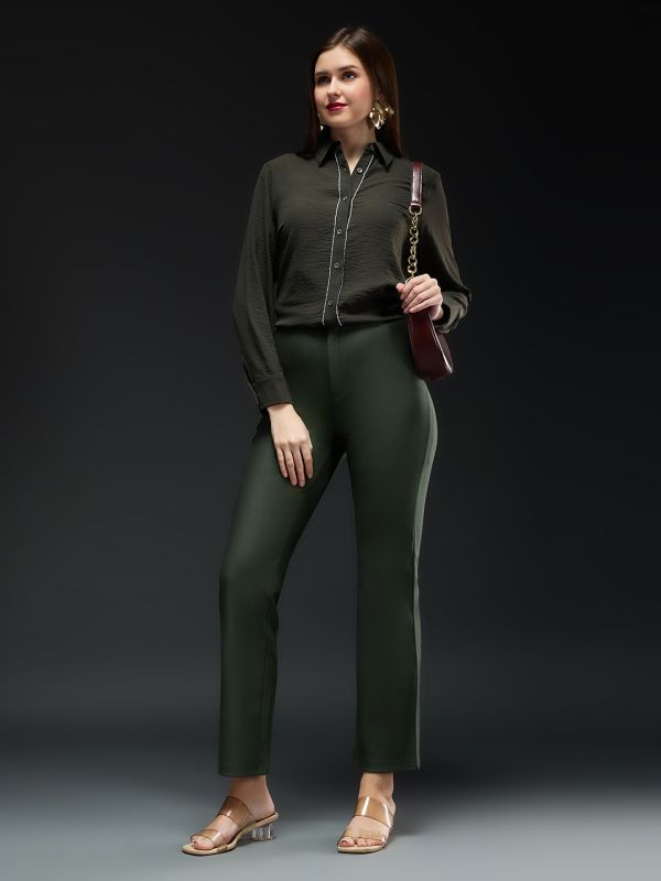 Globus Women Olive Mid-Rise Straight Fit Workwear Trousers
