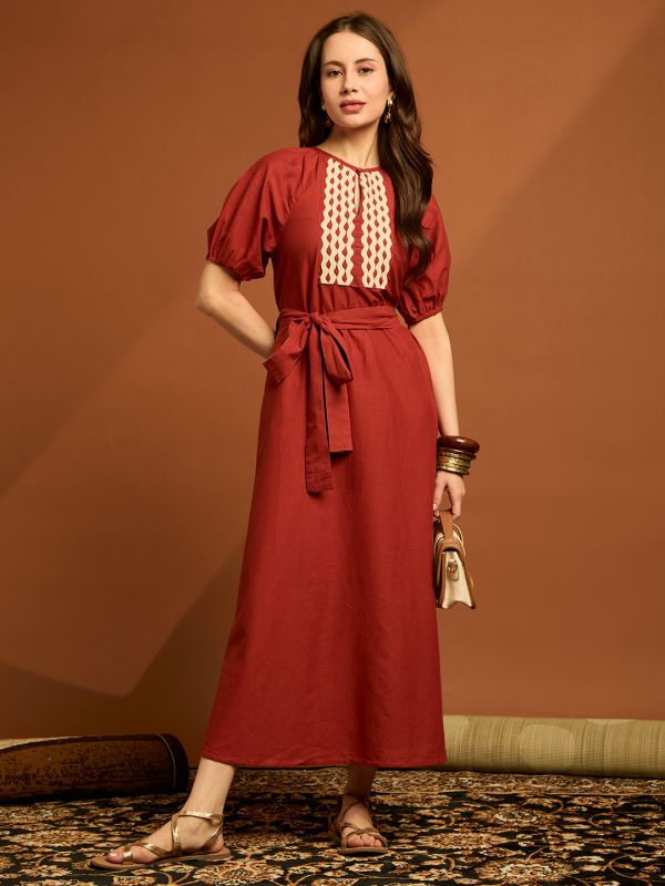 Globus Women Orange Keyhole Neck Raglan Sleeves Lace Inserts A-line Midi Cotton Fusion Dress With Belt
