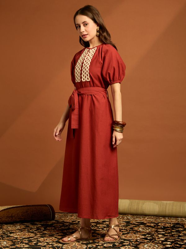 Globus Women Orange Keyhole Neck Raglan Sleeves Lace Inserts A-line Midi Cotton Fusion Dress With Belt