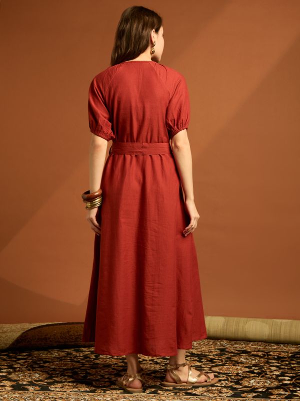 Globus Women Orange Keyhole Neck Raglan Sleeves Lace Inserts A-line Midi Cotton Fusion Dress With Belt