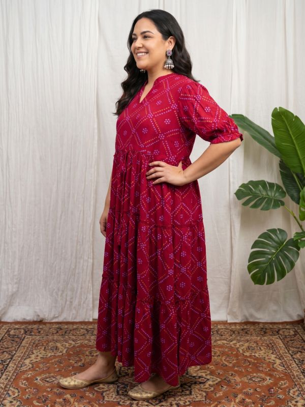Globus Gloplus Women Maroon Mandarin Collar Bishop Sleeve Bandhani Print Fit and Flare Maxi Plus Size Dress