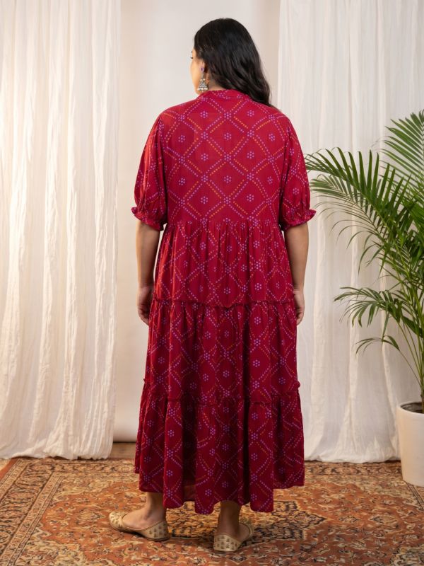 Globus Gloplus Women Maroon Mandarin Collar Bishop Sleeve Bandhani Print Fit and Flare Maxi Plus Size Dress