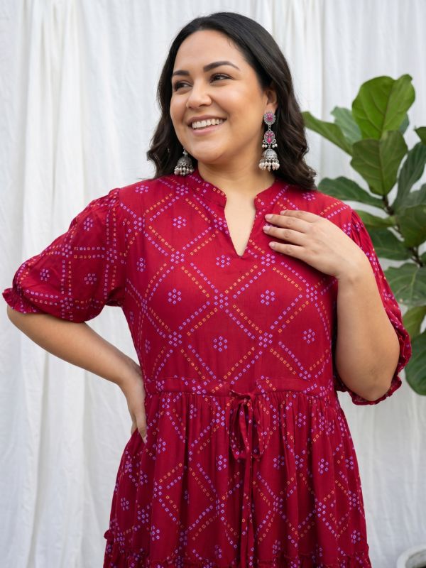 Globus Gloplus Women Maroon Mandarin Collar Bishop Sleeve Bandhani Print Fit and Flare Maxi Plus Size Dress