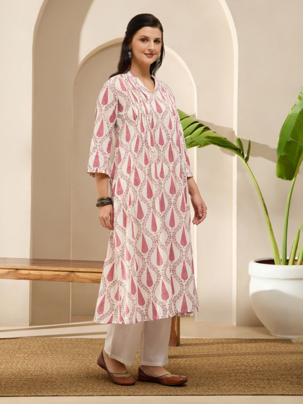 Globus Women Pink V-Neck Frill Hem Sleeves Ethnic Print Pleated A-Line With Wide Leg Pants Set