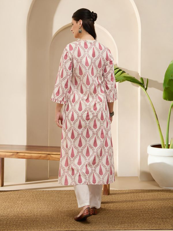 Globus Women Pink V-Neck Frill Hem Sleeves Ethnic Print Pleated A-Line With Wide Leg Pants Set
