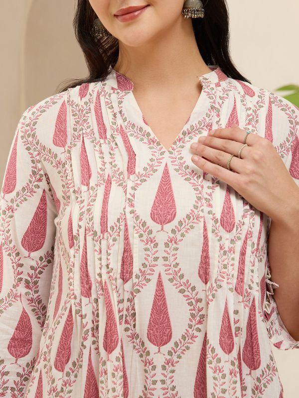 Globus Women Pink V-Neck Frill Hem Sleeves Ethnic Print Pleated A-Line With Wide Leg Pants Set